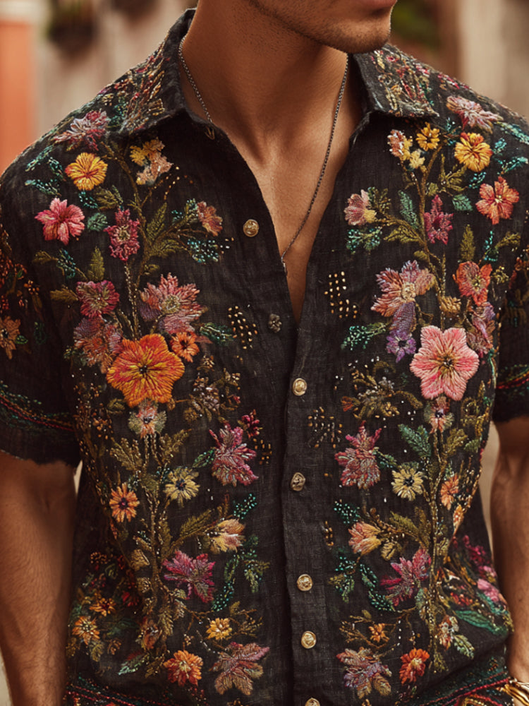 Bohemian Style Three-dimensional Embroidery Multi-colored Flowers Vintage Linen White Men's Lapel Short-sleeved Shirt artswardrobe