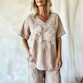 Comstylish Women's Vintage Floral Pattern Cotton And Linen V-neck Shirt