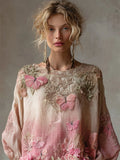 Pink Butterflies Boho Embroidered Gradient Flowy Linen Tunic artswardrobe