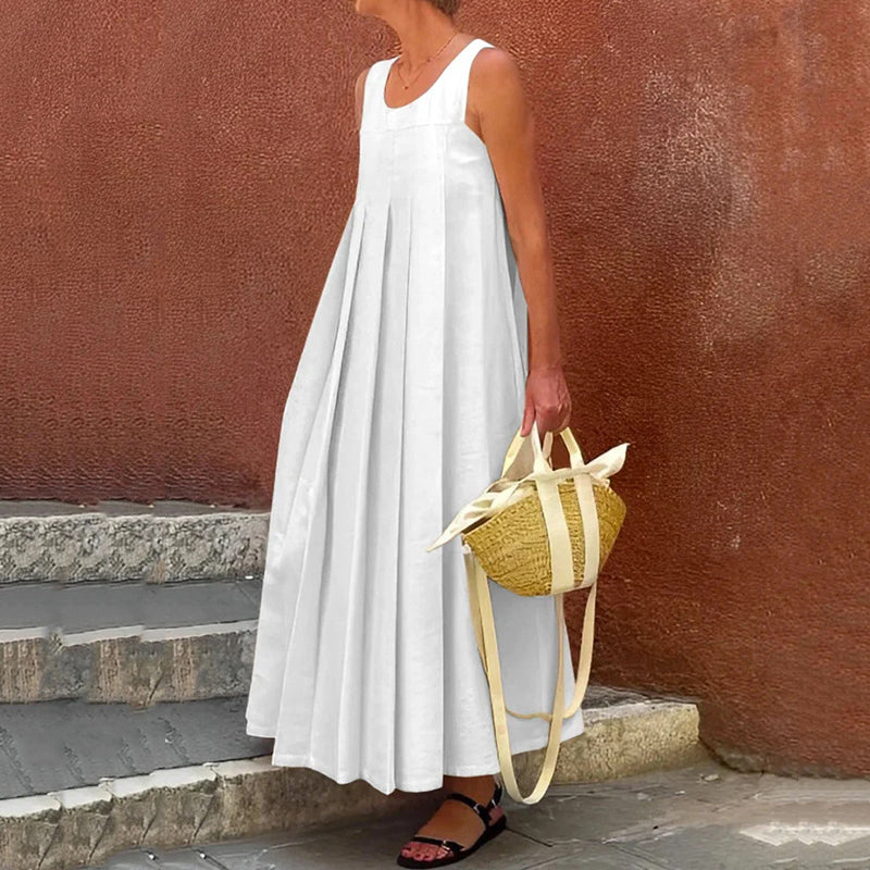 Women's Simple Wrinkled Solid Cotton And Linen Sleeveless Loose Long Dress artswardrobe