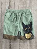 Vintage Black Cat Print Linen Blend Casual Shorts elevenforest