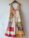 Boho Floral Pattern Patchwork Linen Blend Dress artswardrobe