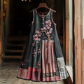 Comstylish Women's Cherry Blossom Embroidery Patchwork Art Linen Tank Dress
