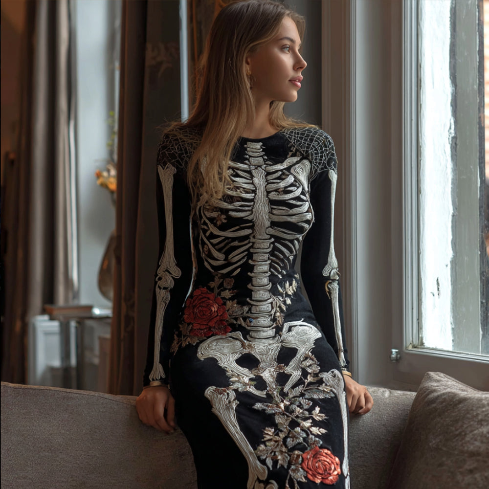 Comstylish Women's Halloween Skeleton Rose Velvet Long Dress