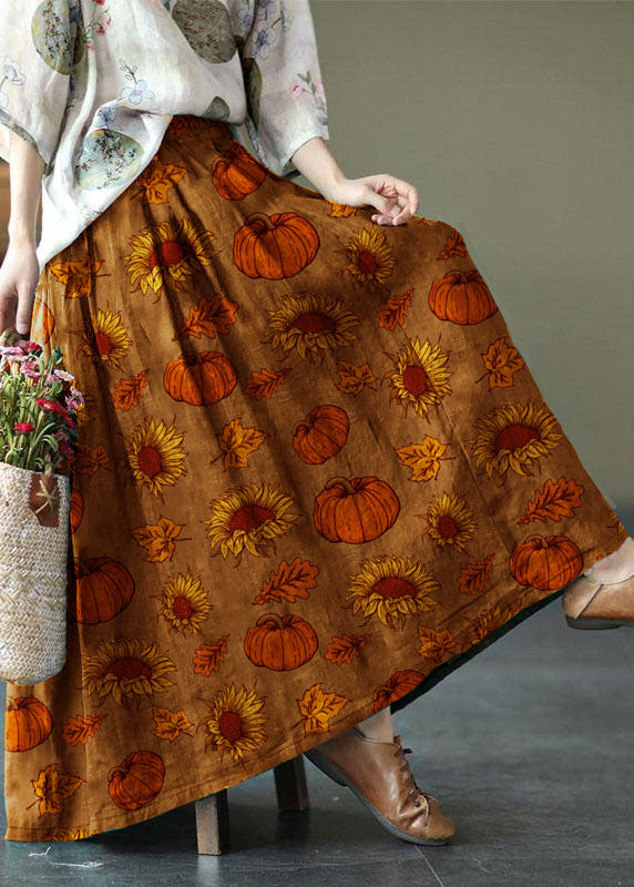 Green Print Ramie Elastic Waist Skirt