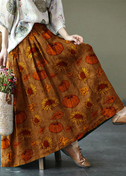 Brown and Red Stripes Ramie Elastic Waist Skirt