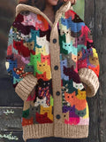 Comstylish Colorful Cats Knit Art Cozy Hooded Cardigan