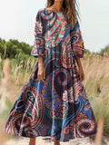 Women's Retro Bohemian Ethnic Paisley Print Flowy Cotton Crew Neck Dre