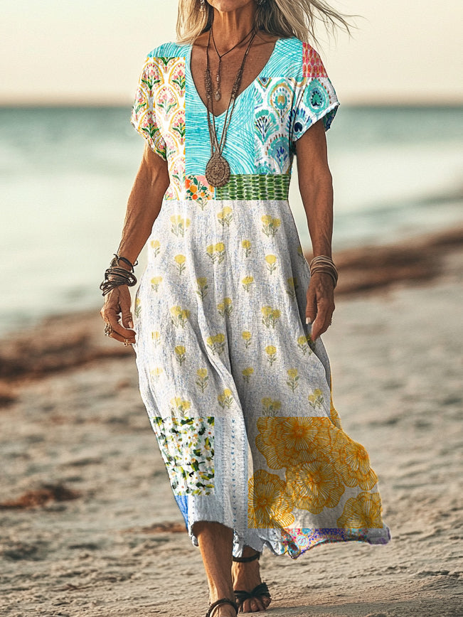 Women's Vintage Floral Patchwork Art Print Pocket Cotton Dress