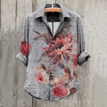 Comstylish Floral Art Print Long Sleeve Cotton And Linen Shirt