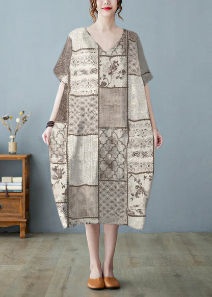 Khaki V Neck Print Long Dress Short Sleeve