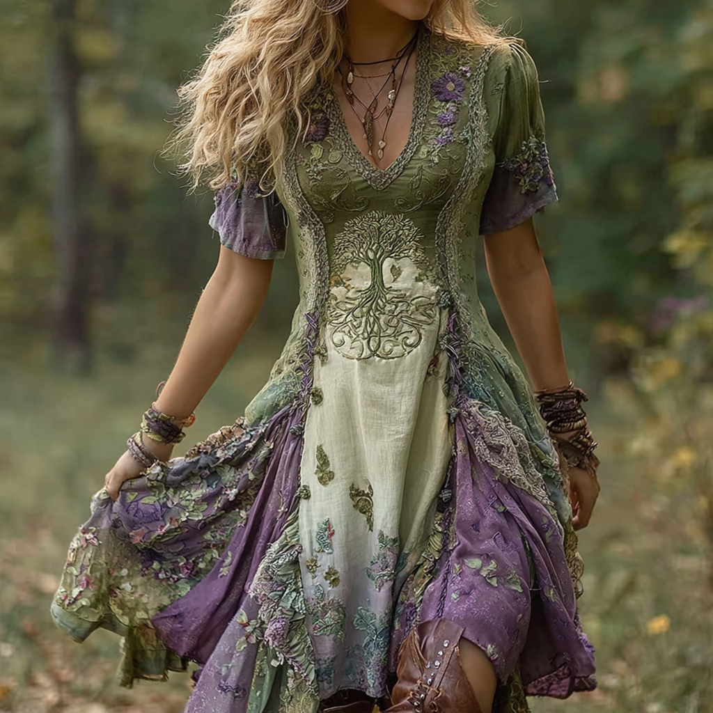 Women's Vintage Viking Tree Of Life Gradient Midi Dress artswardrobe