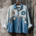 Comstylish Boho Floral Embroidery Women's Linen Long Sleeve Shirt