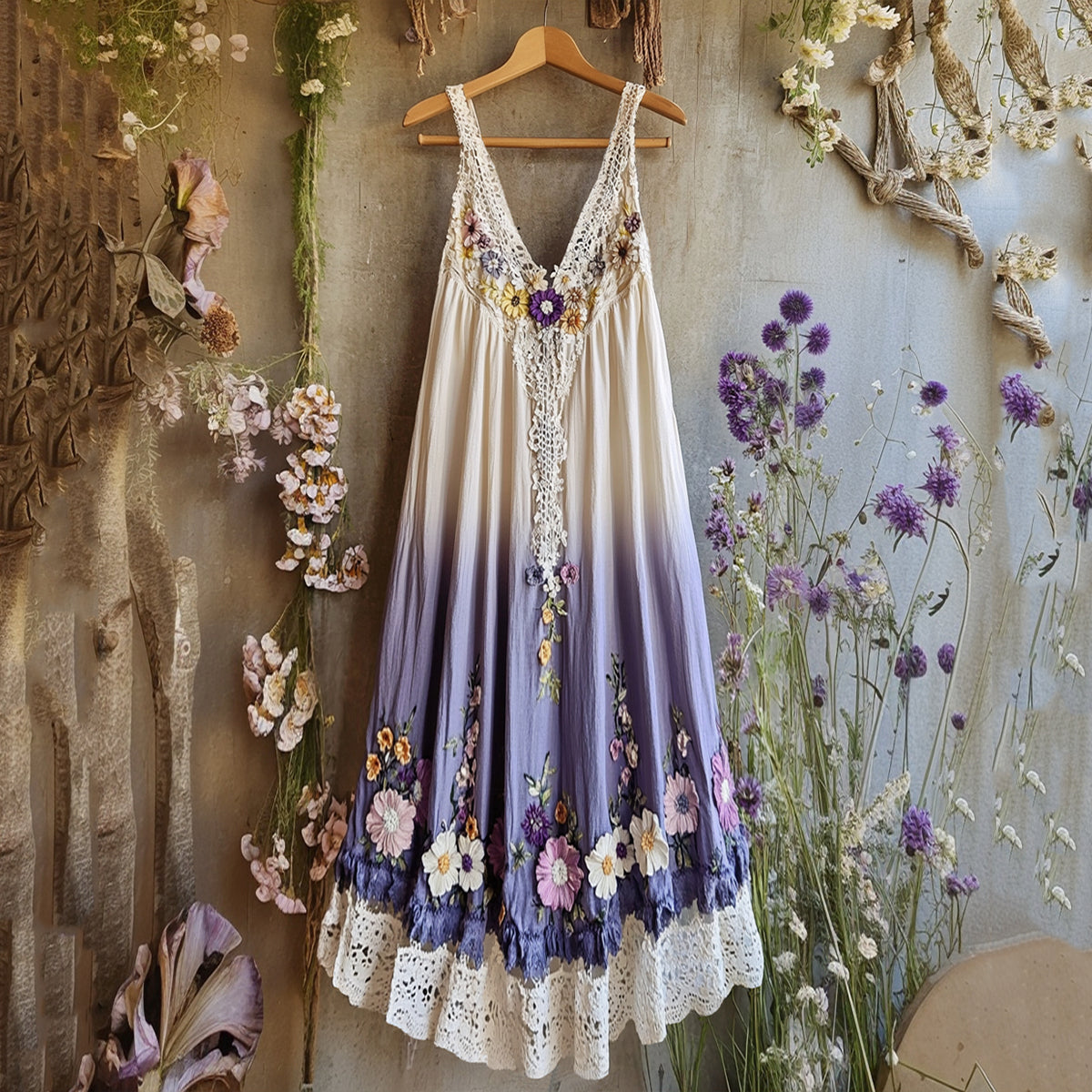 Retro Bohemian Style Flowers Design Casual Deep V Dress artswardrobe