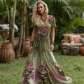 Women's Vintage Floral Embroidery Gradient Pattern V-neck Short Sleeves Maxi Dress artswardrobe