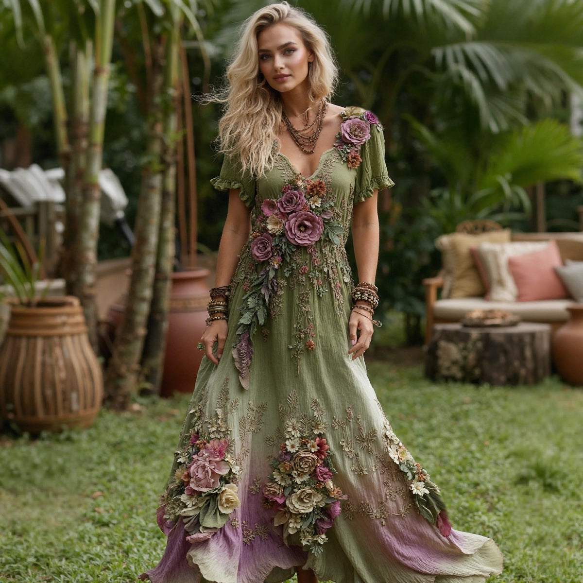 Women's Vintage Floral Embroidery Gradient Pattern V-neck Short Sleeves Maxi Dress artswardrobe