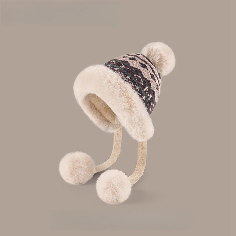 Comstylish Vintage Fair Isle Knit Cozy Fur Trim Fleece Liner Hat
