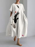 Comstylish Koi Fish Playing With Sakura Flower Art Linen Blend Maxi Dress