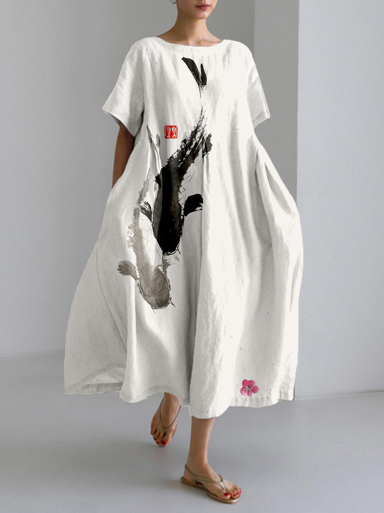 Comstylish Koi Fish Playing With Sakura Flower Art Linen Blend Maxi Dress