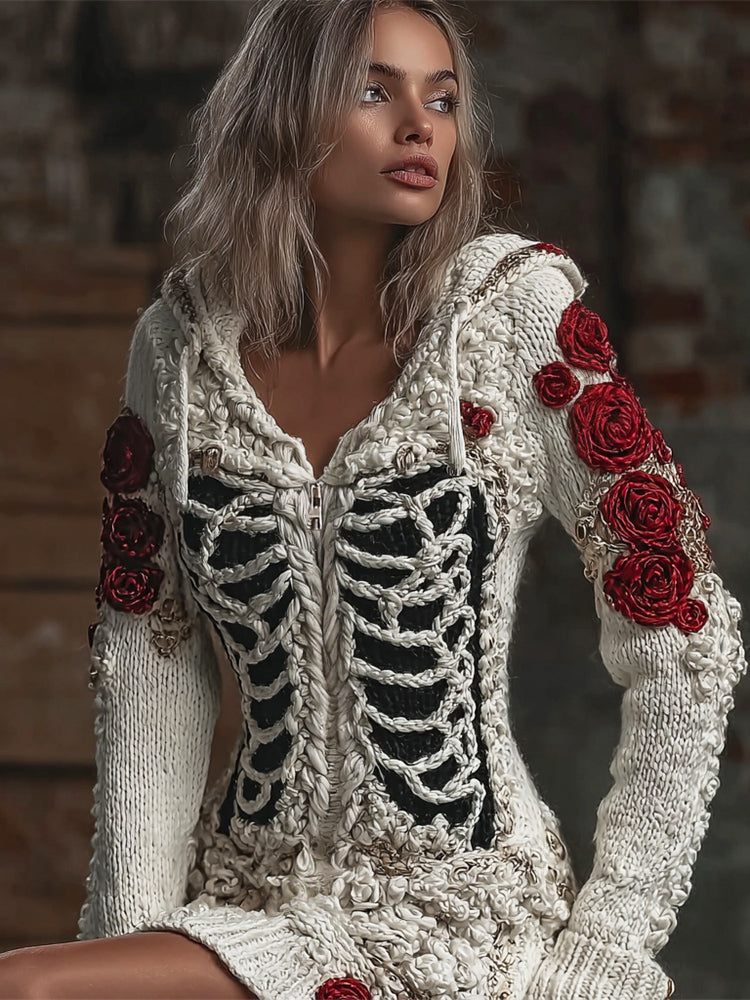 Comstylish Halloween Skeleton & Floral Women's Hooded Zip-up Cardigan