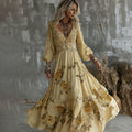 Comstylish Women's Yellow Roses And Floral Art Print V-neck Long Sleeve Maxi Dress