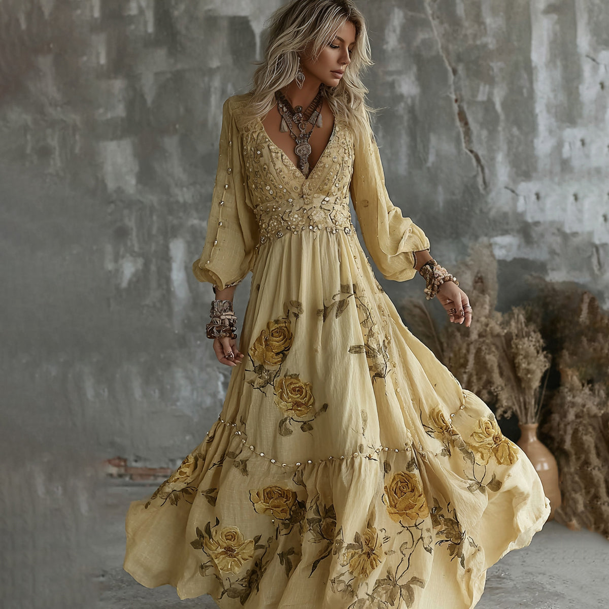Comstylish Women's Yellow Roses And Floral Art Print V-neck Long Sleeve Maxi Dress