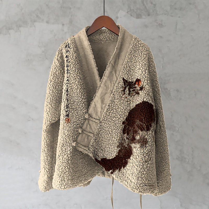 Japanese Cat Art Plush Cardigan