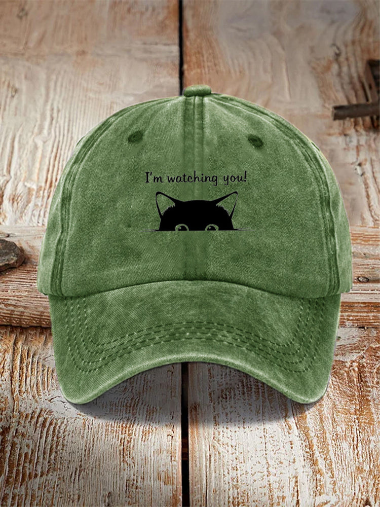 Comstylish I'm Watching You! Black Cat Print Washed Hat