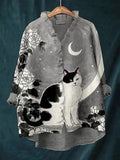 Cat In The Moonlight Graphic Linen Ruffle Shirt