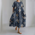 Comstylish Vintage Japanese Art Print Round Neck Loose Midi Dress
