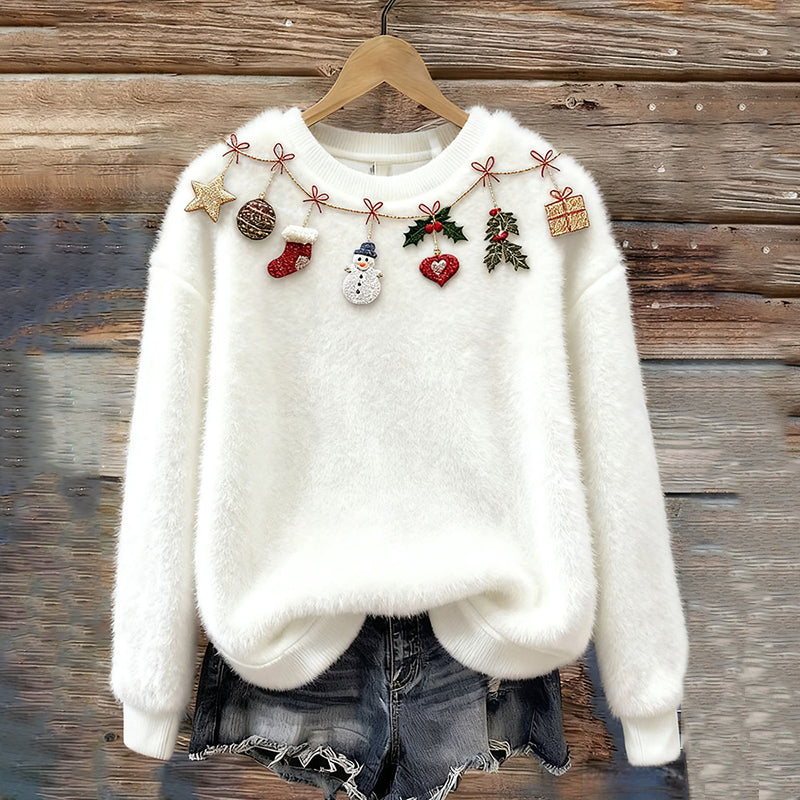 Comstylish Women's Christmas Embroidered Cozy Crew Neck Plush Sweatshirt
