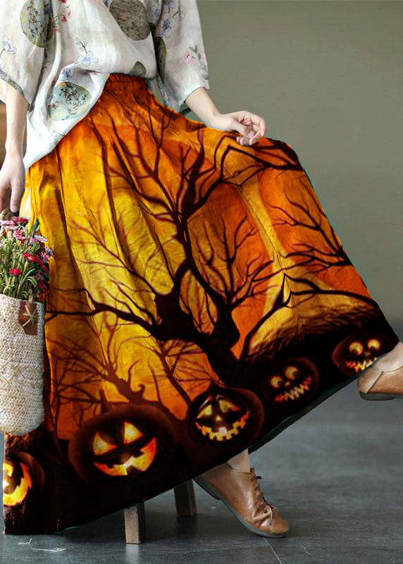 Brown Flower Ramie Elastic Waist Skirt