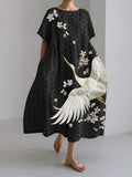 Comstylish Crane & Flowers Embroidered Sea Waves Japanese Linen Blend Maxi Dress