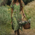 Women's Vintage Wildflower Art Linen V-neck Dress artswardrobe
