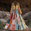 Women's Vintage Bohemian Patch Cotton And Linen Long Sleeve Dress artswardrobe