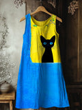 Comstylish Lovely Black Cat Art Pattern Linen Tank Dress