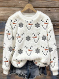 Snowman Faces & Snowflakes Embroidered Cozy Plush Sweatshirt