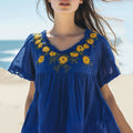Comstylish Vintage Sunflower Embroidered Art Cotton Linen Comfy V-neck Shirt
