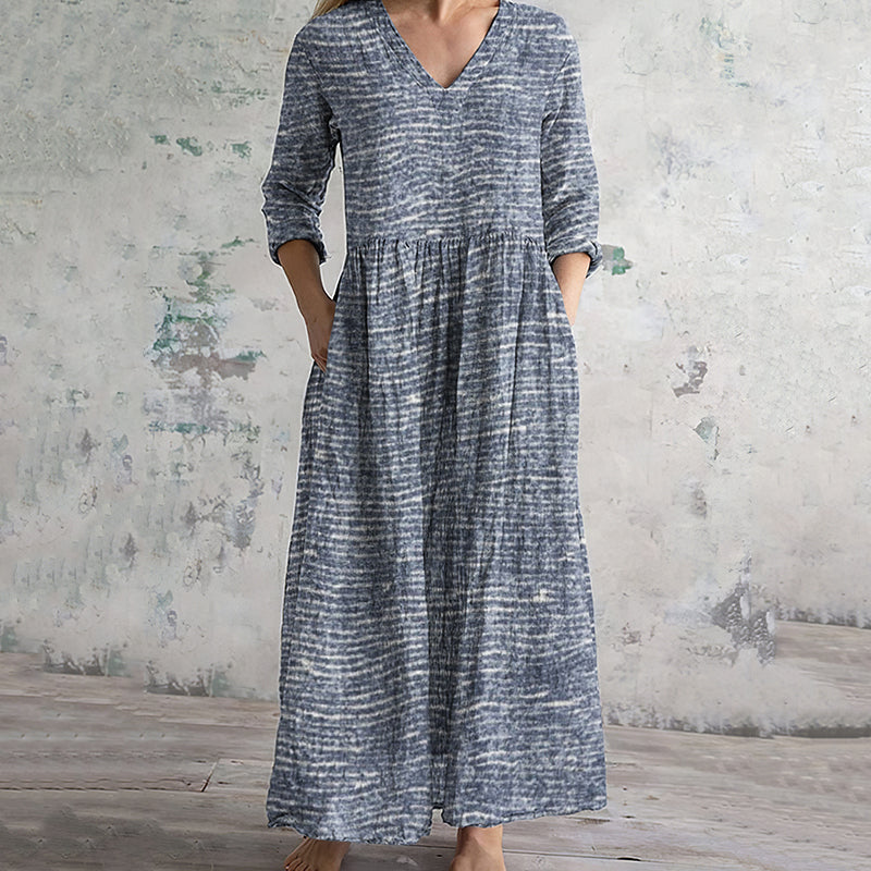 Striped Print V-neck Linen Blend Midi Dress artswardrobe
