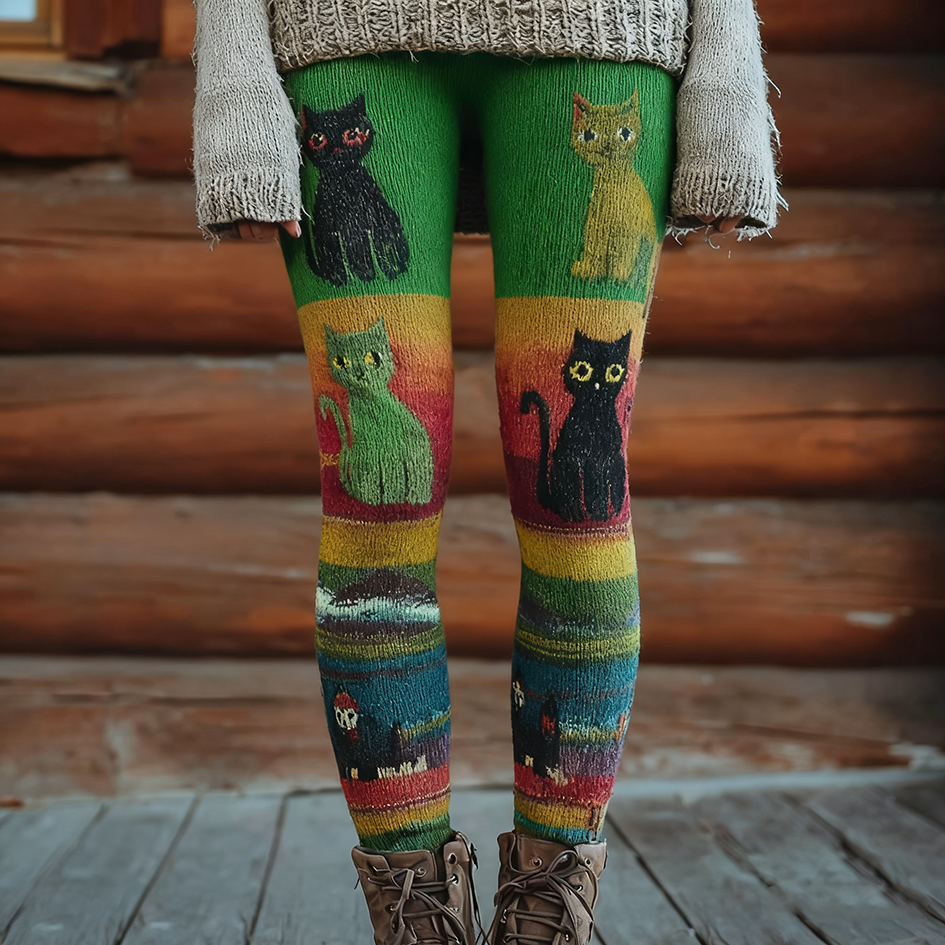 Comstylish Christmas Fun Cat Knitting Tight-fitting Leggings