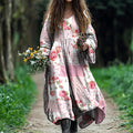 Comstylish Vintage Floral Art Cotton Linen Comfy Maxi Dress