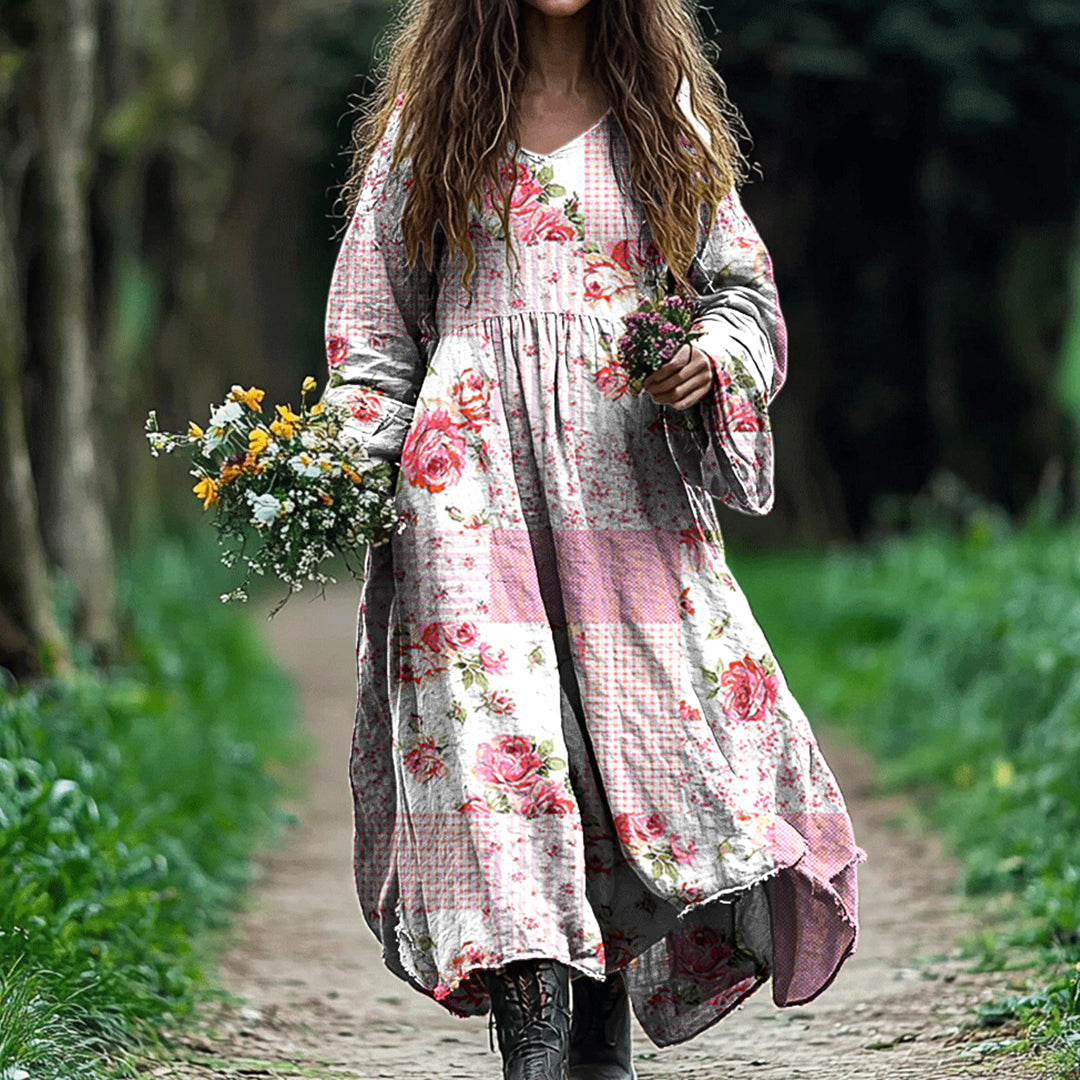 Vintage Floral Art Cotton Linen Comfy Maxi Dress artswardrobe