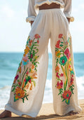 Comstylish Women's Floral Embroidery Art Linen Casual Pants