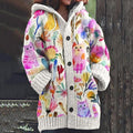 Women's Colorful Floral And Cat Art Hooded Cardigan Sweater artswardrobe