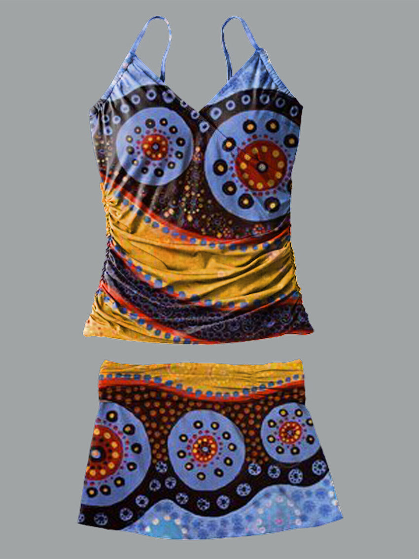 Retro Pattern V-Neck Vintage Flowers Print Suspender Skirt Tankini Pantskirt Set Swimsuit