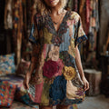 Bohemian Three-dimensional Patchwork Flower Embroidery Pattern Vintage V-neck Short-sleeved Long Dress artswardrobe