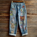 Women's Bohemian Style Multi-colored Floral Cat-print Cute Embroidered Jeans
