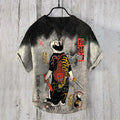 Vintage Japanese Art Gradient Cat V Neck Linen Blend Shirt elevenforest