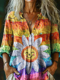 Women's Cute Hippie Daisy Print Casual Cotton Linen Shirt