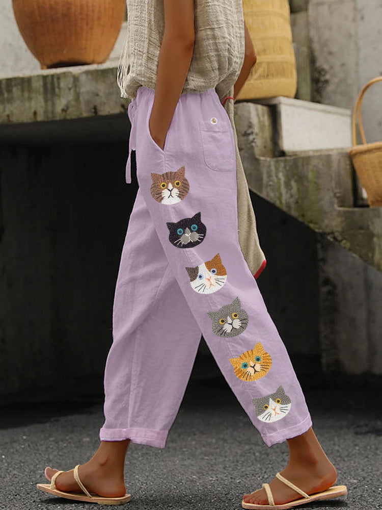 Comstylish Cute Cats Animal Embroidery Pattern Linen Pants